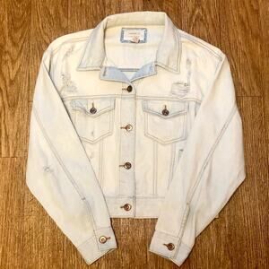 Forever 21 F21 Blue White Light Wash Distressed Jean Jacket Size Small